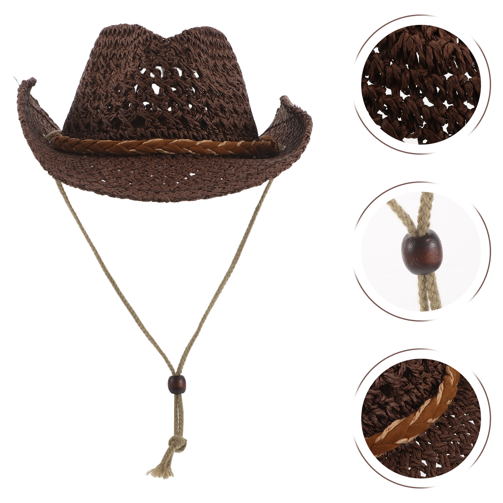 Cowboy Hat Straw - 麦わら帽子、子供用、通気性、軽量、つば広、日焼け防止、あご紐付き、夏、ハイキング、ビーチ、旅行、ウェスタンカウガール風、日よけ