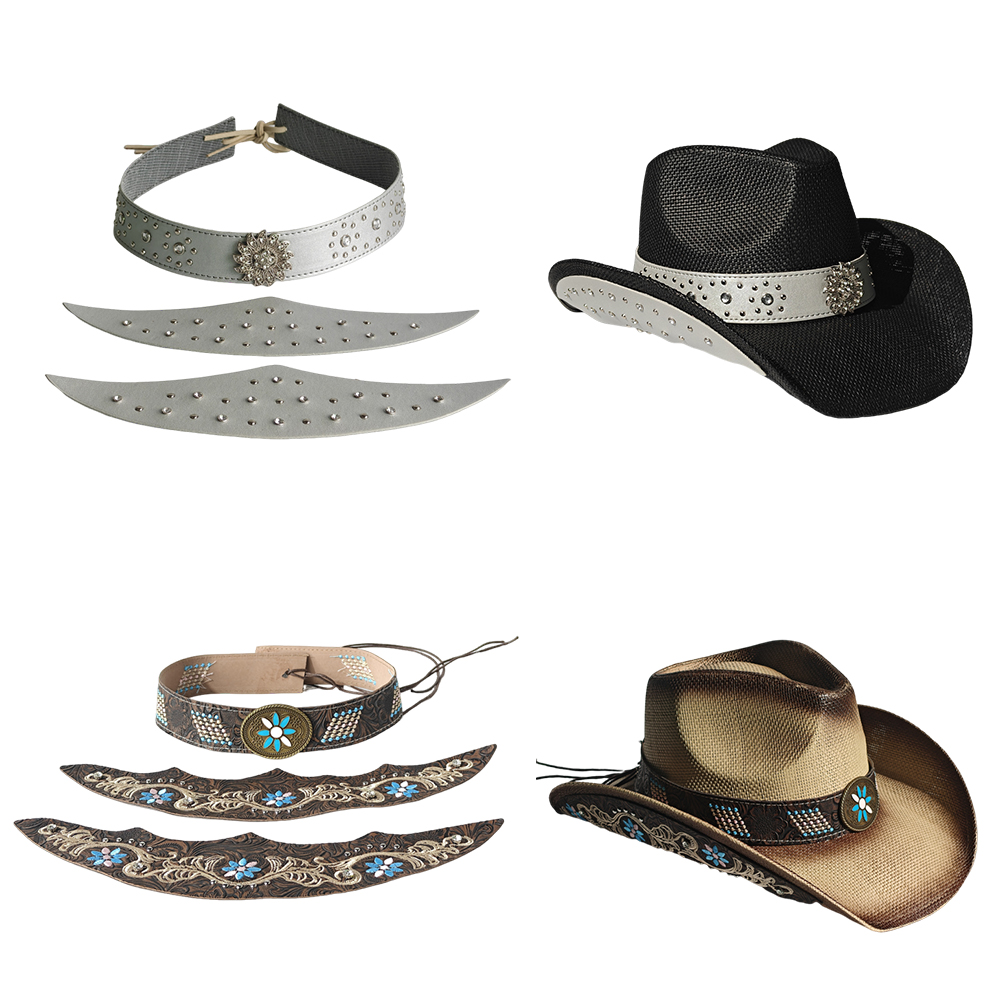 Cowboy Hat Straw - カウボーイハット 3 点セット アクセサリー ファッショナブルな刺繍入りハットバンド 男性と女性の麦わら帽子アクセサリー
