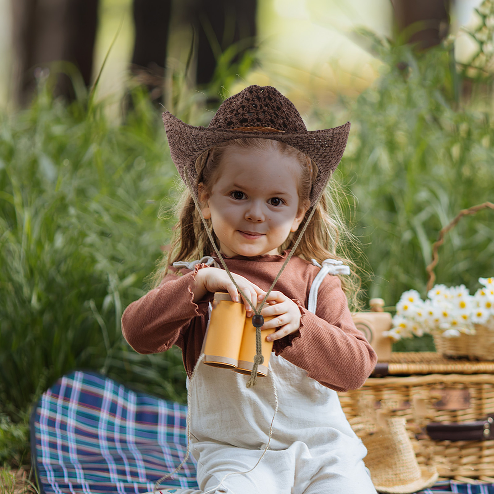 麦わら帽子、子供用、通気性、軽量、つば広、日焼け防止、あご紐 - Cowboy Hat Straw のレビューと価格