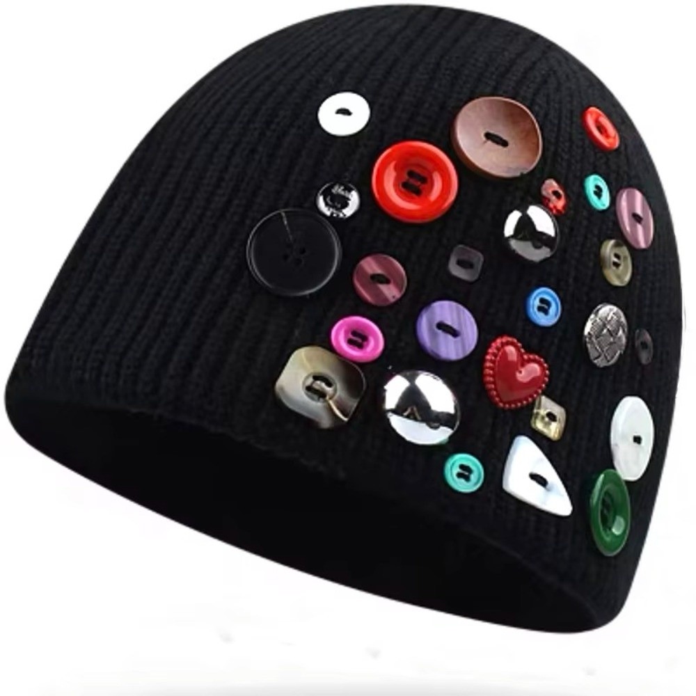 カラフルなボタン付きビーニーハット 不規則なボタン装飾の折り - Beanie Cuffed Knit のレビューと価格